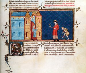Ms 5080 fol.373r Dos leprosos mendigando, de Le Miroir Historial, por Vincent de Beauvais de French School