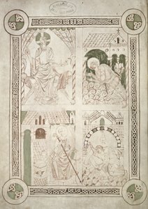 Ms 616 f.1v San Agustín a los pies de Cristo y el escriba Alardus ofreciendo su libro a San Vaast, frontispicio de Confesiones de San Agustín de French School