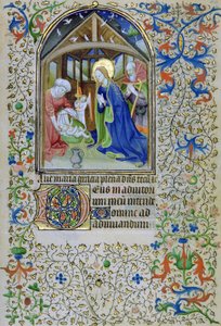 La Virgen y José adoran al recién nacido Cristo, de un Libro de Horas, Amiens de French School