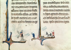 Un hombre conduciendo su burro cargado de sacos de trigo a un molino de viento, del Obituaire de Notre Dame de Pres, después de 1270 de French School