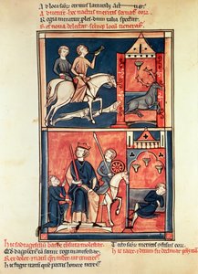 Caza de ciervos y un rey, posiblemente Dagoberto I (632-39) en su trono, de la Vida y Milagros de San Denis de French School