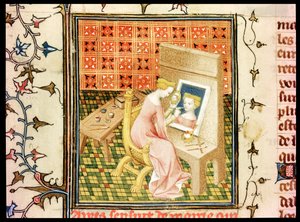 Santa Marcia (d.632) Pintando un Autorretrato, de De Claris Mulieribus, por Giovanni Boccaccio (1313-75) de French School