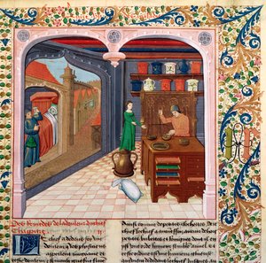 Ms Fr 218 fol.111 Un paciente en su cama y un boticario preparando medicina, de Le Livre des Proprietes des Choses por Barthelemy l