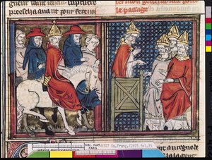 El Concilio de Clermont y la llegada del Papa Urbano II a Francia, de Le Roman de Godefroi de Bouillon, 1337