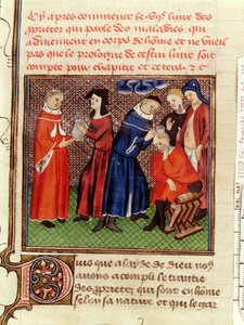 Ms Fr 22531 Fol.115 El examen de orina y la curación de heridas, de Le Livre des Proprietes des Choses por Barthelemy l
