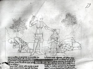 Ms Fr 343 f.79 Armando a un caballero en un campo de batalla, de Lancelot du Lac de French School