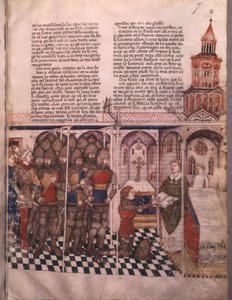 Ms Fr 343 fol. 7 La búsqueda del Santo Grial y la muerte de Arturo, caballero tomando el juramento de French School