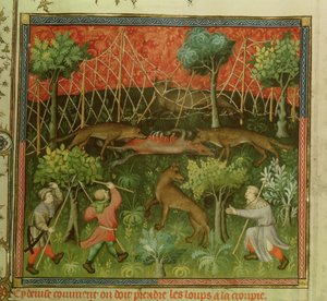 Ms Fr 616 fol.111 Caza de lobos con la ayuda de redes, del Livre de la Chasse por Gaston Phebus de Foix (1331-91) de French School