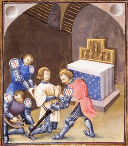 Galahad recibe una espada y espuelas en el ritual de la caballería antes de partir en la búsqueda del Grial de French School
