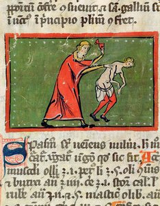Doctor tratando la espalda de un paciente, de una edición del Libro de Cirugía de Rogier de Salerne