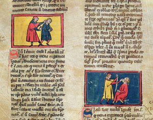Doctores y pacientes, de una edición del Libro de Cirugía de Rogier de Salerne de French School