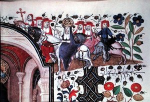 Ms Lat 1156b Fol.167 Detalle del Papa en su mula con su séquito, de una ilustración de San Pedro, de las Horas de Margarita de Orleans