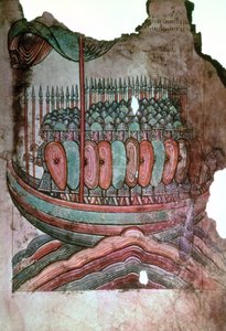 Ms Lat 1390 fol.7 Soldados normandos cruzando el canal de la Mancha, de La Vie de Saint Aubin d