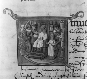 Ms Lat 5969 Inicial historiada A que representa el juicio de Juana de Arco (1412-31) de French School