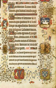 Ms Lat 919 fol.96 Detalle de escudos de armas y decoración animal, de San Pedro guiando a Jean de Francia (1340-1416) Duque de Berry al Paraíso, de las Grandes Horas del Duque de Berry de French School