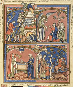Ms M 638 fol.14r Abimelec y Sansón, de la Biblia de Imágenes Morgan, c.1244-54 de French School