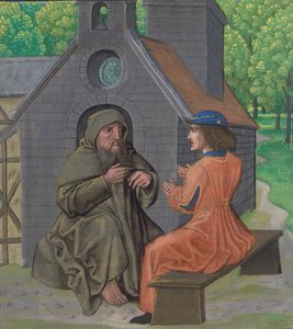 Ms Royal 14 E. 11, f.338 El ermitaño instruyendo al caballero, de 