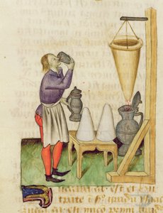 Ms. Tractatus de Herbis por Dioscórides, fol.142r Fabricando Alcohol