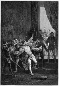 Asesinato de David Rizzio (Davide) en presencia de María Estuardo (Marie Iere) (1542-1587) - grabado en "L