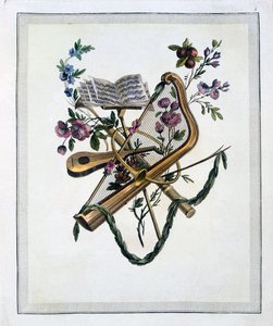 Instrumentos musicales, de un libro de láminas grabadas de los diseños de Oppenord, publicado en 1745 de French School