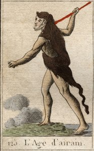 Mito de las Edades de la Humanidad: una representación de la Edad de Bronce, como un joven con piel de león y una lanza. (Edad de Bronce representada como un joven, vestido con piel de león y armado con una lanza). De “Mitología de la Juventud” de Pierre B