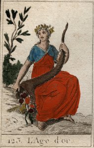 Mito de las Edades de la Humanidad: representación de la Edad de Oro, como una joven virgen de perfecta belleza, coronada con flores y sosteniendo un cuerno de la abundancia. De “Mitología de la Juventud” de French School