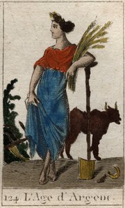Mito de las Edades de la Humanidad: representación de la Edad de Plata, como una joven sosteniendo una corona de trigo cerca de un arado y una hoz. De “Mitología de la juventud” por Pierre Blanchard 1803