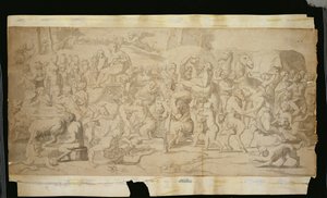 Escena mitológica con sátiros (pluma, tinta y aguada sobre papel) de French School