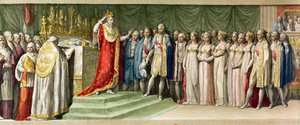 Napoleón Bonaparte (1769-1821) coronándose con la Corona de Hierro de los Lombardos en Milán, 1805 (grabado en color) de French School