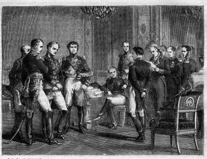 Napoleón Bonaparte - primera abdicación de Napoleón en 1814 - Lectura en presencia de Napoleón de una carta de Pierre Riel de Beurnonville a Mariscal MacDonald, Duque de Taranto - en “Historia del imperio después de la historia del consulado” de Adolphe Th de French School