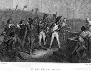 Golpe de estado de Napoleón Bonaparte el 18 de Brumario año VIII (1799) en la Sala del Consejo de los Quinientos de Saint Cloud - en "Revolución francesa" por Thiers. Siglo XIX de French School