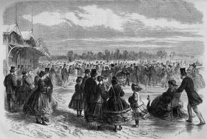 Napoleón III (1808-1873) y la emperatriz Eugenia de Montijo (1826-1920) en el club de patinadores del Bois de Boulogne en París. Grabado en "Le Monde Illustré" n°511 del 26 de enero de 1867.