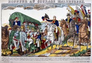 Napoleón I se quita el sombrero ante un convoy de heridos y exclama “¡Honor al valor desgraciado!” Imagen de Epinal