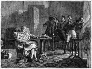 Napoleón I en Santa Elena en octubre de 1818 resuelto a oponerse con armas en mano contra el intento del general británico Hudson Lowe de forzar la puerta - en 