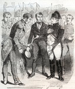 Napoleón confía en la fe británica - Napoleón Bonaparte abordando el barco británico Bellerophon que lo llevará al exilio a Santa Helena el 14 de julio de 1815 de French School