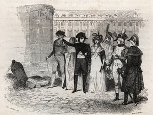 Napoleón caminando con Madame Tallien, nacida Theresa Cabarrus, Princesa de Caraman, Princesa de Caraman Chimay (1773-1835) en la plaza Vendôme en París - grabado en 