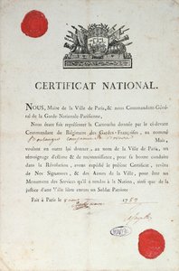 Certificado Nacional de Buen Comportamiento durante la Revolución Francesa, 8 de agosto de 1789 en París de French School