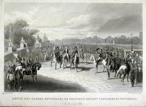 Soldados de la Guardia Nacional protegen la Asamblea Nacional en París. Grabado durante la Revolución Francesa de 1848 de French School