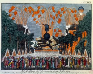 Fiesta nacional del 14 de julio de 1801 en los Campos Elíseos, París: Fuegos artificiales tiene lugar de la estrella en los Campos Elíseos en París. Impresión de 1801 París, Musee Carnavalet de French School