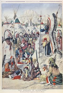 Jefe nativo americano instando a la revuelta contra los blancos, ilustración de Le Petit Journal de French School