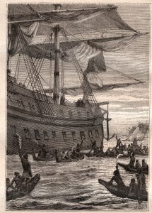 Pueblos nativos sosteniendo ramas de plátano en la mano: viaje de Samuel Wallis (1728-1795) a Polinesia - ilustración tomada de "Los grandes marineros del siglo XVIII" de French School