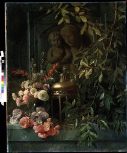 ""Naturaleza muerta"" (Madonna con niño, linterna, flores (incluyendo clavel) Pintura de la escuela francesa del siglo XIX. Museo de Arte Mikhail Kroshitsky, Sebastopol (Sebastopol) Ucrania de French School