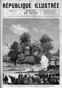 Carreras náuticas: campeonato francés de remo organizado en el Sena frente a la Isla de la Grande Jatte en Neuilly. Un periódico. Grabado de 1880 en “La republique illustree” colección privada. de French School