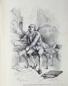 Necker en su oficina en Saint-Ouen, rodeado de notas "Reforma de Gabelles", "Impuestos", "Abolición de Aduanas", etc. de French School