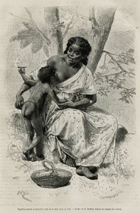 Negillon fumando y tomando el pecho de su madre, en la región de Darién (este de Panamá), ilustración de la historia Exploración en los istmos de Panamá y Darién, por A. Reclus, teniente de barco, de 1876 a 1878 de French School