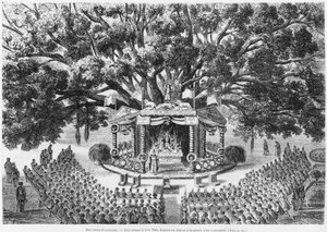 Nueva Caledonia, celebrando misa en la isla de Nou, después de un dibujo a pluma y tinta de un transportado, ilustración del boletín Les Missions Catholiques, 1875 de French School