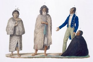 Nativos de Nueva Zelanda con vestimenta indígena y occidental, 1826 de French School