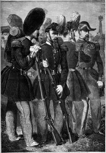 Nuevos uniformes de la guardia imperial francesa en 1860. Grabado en "Le Monde Illustré" n°165 del 9 de junio de 1860.