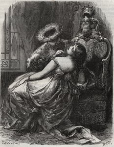 ¡Bonito cuello! ¡Que un verdugo estaría feliz de cortarlo! El Rey Enrique VIII de Inglaterra (1491-1547) con su esposa, Catalina Parr (1512-1548). Grabado de 1871 en "Histoire Des Cocus Celebres" de Henry de Kock (1819-1892)