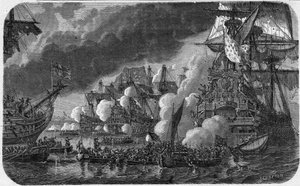 Guerra de los Nueve Años (Guerra de la Liga de Augsburgo) (1688-1697): la Batalla de la Hougue el 19/05/1692 entre la flota anglo-holandesa y la flota francesa del vicealmirante Anne Hilarion de Costentin, Conde de Tourville (1642-1701). Vio la derrota de French School